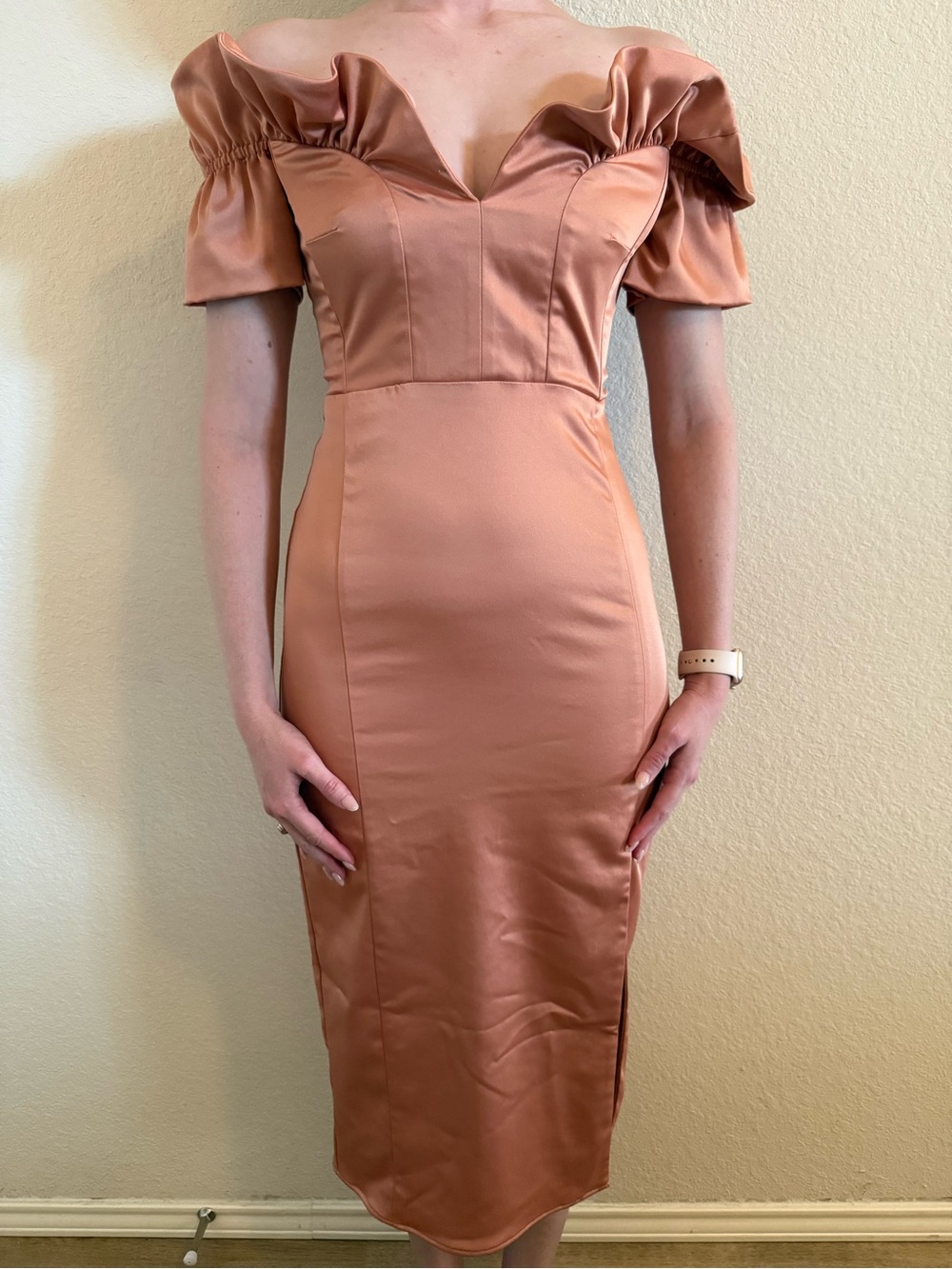 Anthropologie Off-Shoulder Satin Midi Dress in Peach
